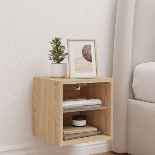 Væghængt tv-bord med LED-lys 30×28,5×30 cm - sonoma-eg