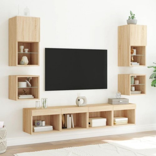 Væghængt tv-bord med LED-lys 30×28,5×30 cm - sonoma-eg