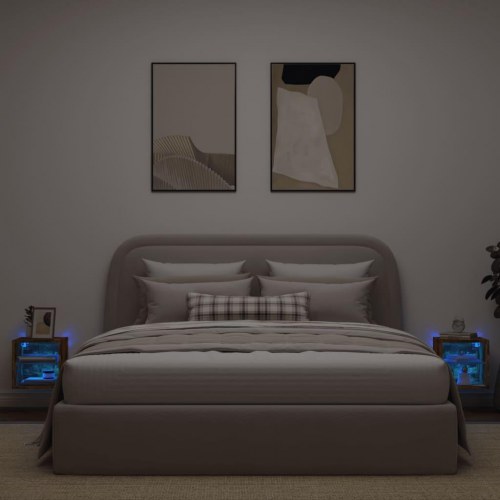 Væghængte tv-borde med LED-lys, 2 stk. - røget eg, 30×28,5×30 cm