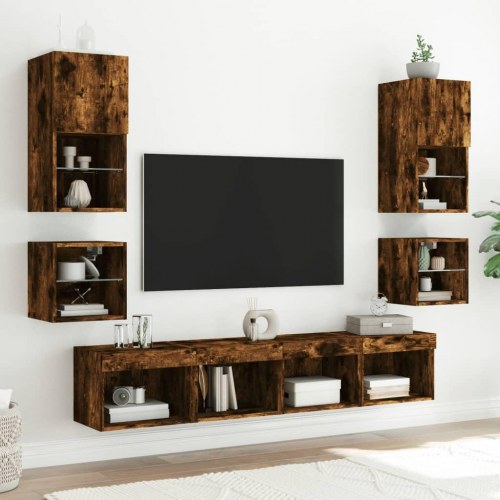 Væghængte tv-borde med LED-lys, 2 stk. - røget eg, 30×28,5×30 cm