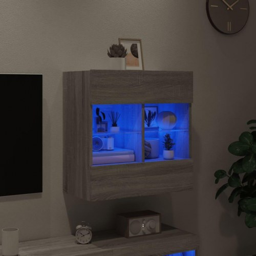 Væghængt tv-bord med LED-lys - grå sonoma-eg