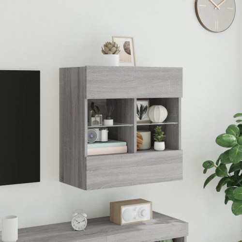 Væghængt tv-bord med LED-lys - grå sonoma-eg
