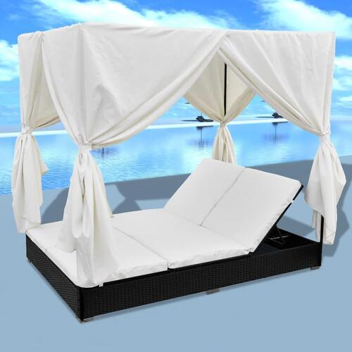 Solseng med gardiner polyrattan sort
