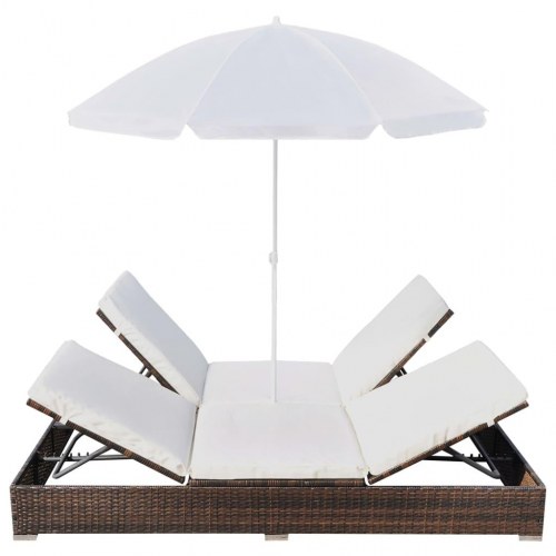 Loungeseng med parasol polyrattan brun