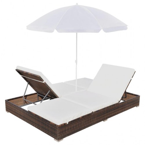 Loungeseng med parasol polyrattan brun
