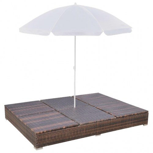 Loungeseng med parasol polyrattan brun
