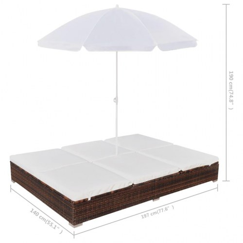 Loungeseng med parasol polyrattan brun