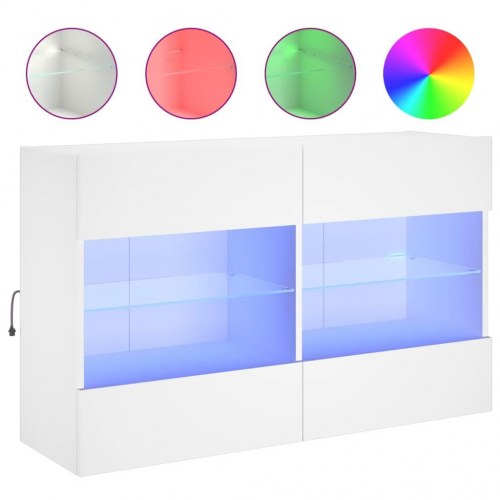 Væghængt tv-bord med LED-lys - hvid, 98,5 x 30 x 60,5 cm