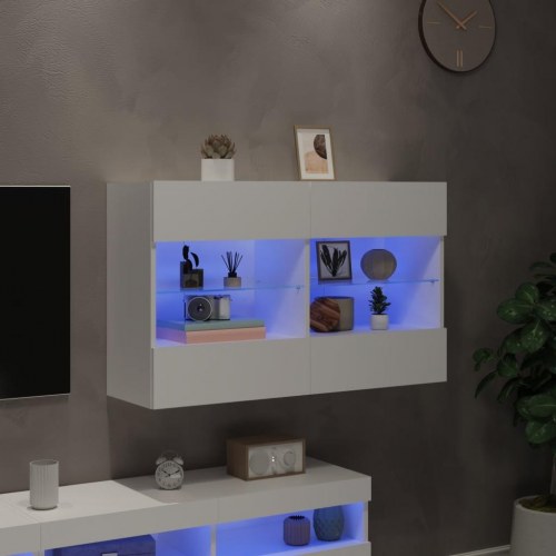 Væghængt tv-bord med LED-lys - hvid, 98,5 x 30 x 60,5 cm