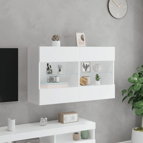 Væghængt tv-bord med LED-lys - hvid, 98,5 x 30 x 60,5 cm