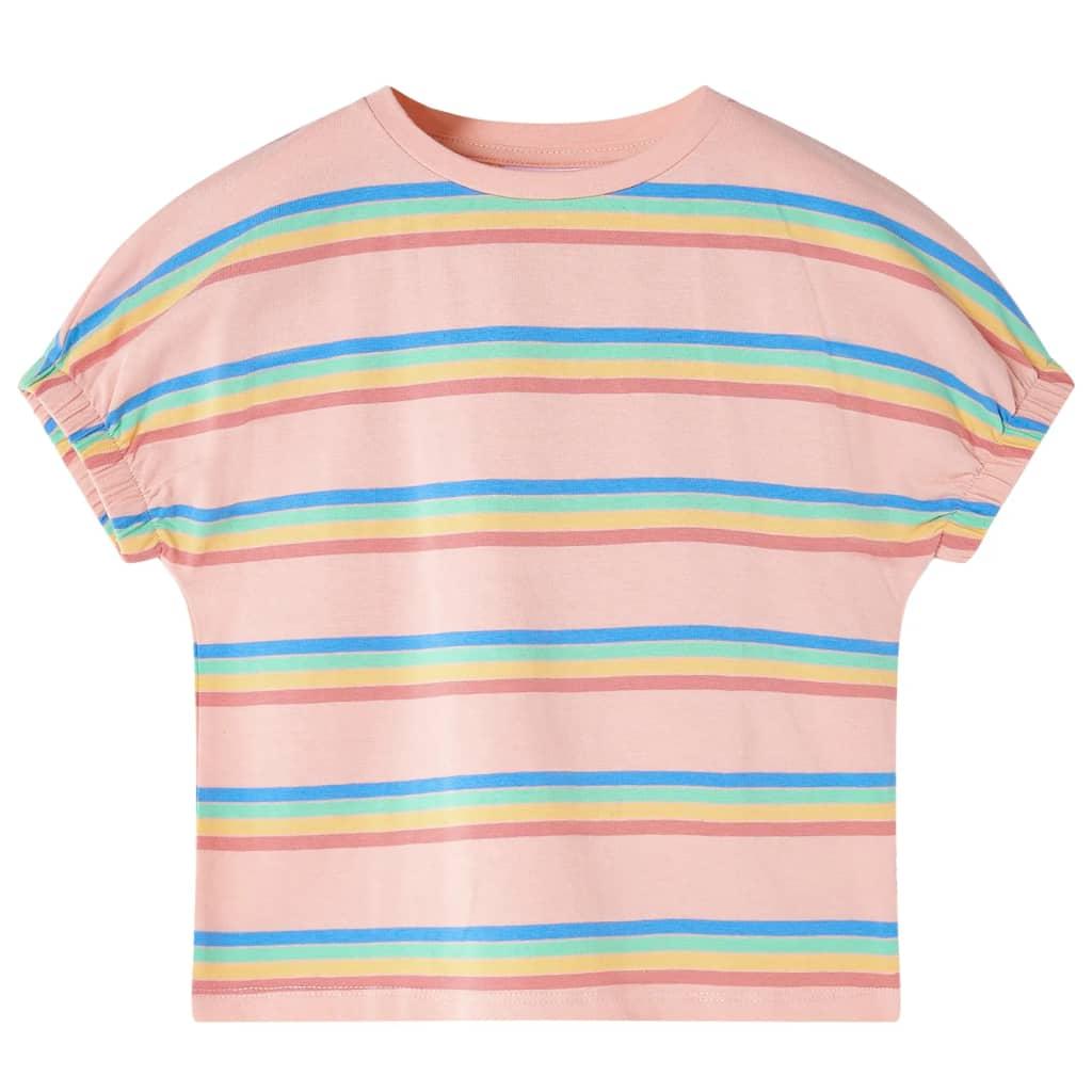 Kortærmet T-shirt til børn str. 140 - fersken med regnbuestriber