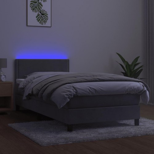 Kontinentalseng med madras og LED-lys 90x200 cm - fløjl, lysegrå
