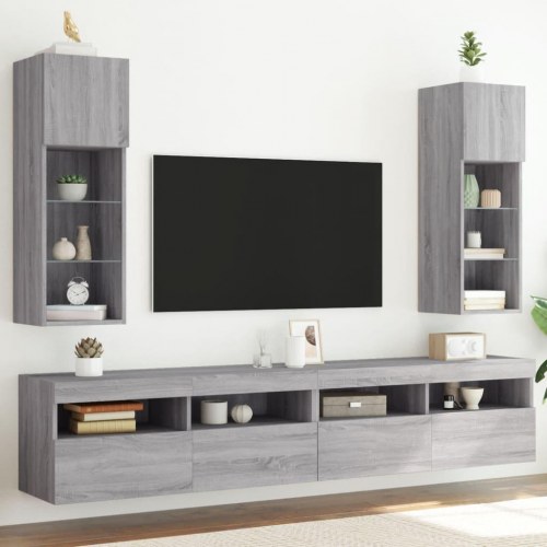 Tv-borde 2 stk. med LED-lys 30,5x30x90 cm grå sonoma-eg
