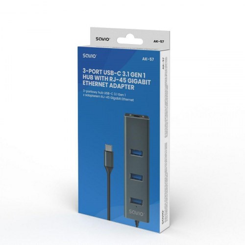 Savio AK-57 4-port USB-C hub med Ethernet (RJ-45) - grå
