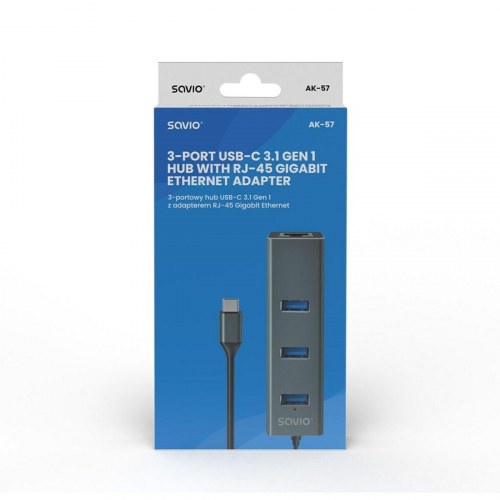 Savio AK-57 4-port USB-C hub med Ethernet (RJ-45) - grå
