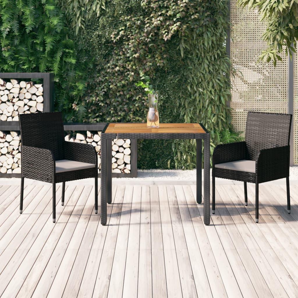 Spisebordssæt til haven 3 dele med hynder polyrattan sort