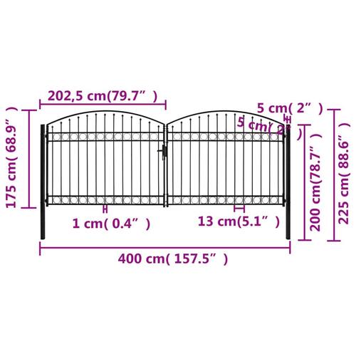 Hegnslåge med dobbeltdør og buet top stål 400 x 175 cm sort