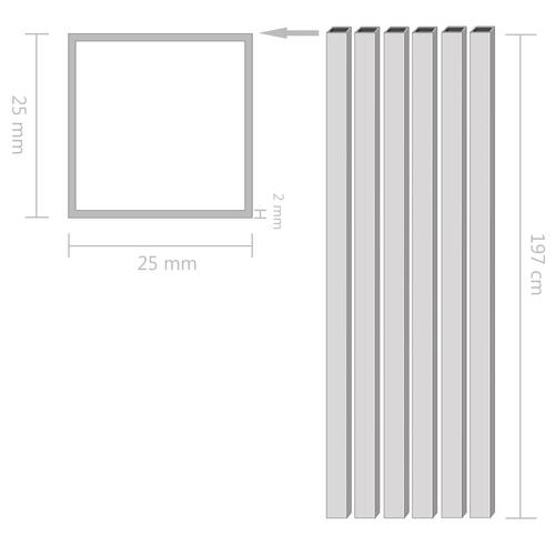 Aluminiumsrør 6 stk. firkantet bokssektion 2 m 25 x 25 x 2 mm