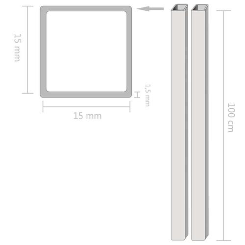 Rustfrie stålrør 2 stk. firkantet bokssektion V2A 1 m 15 x 15 x 1,5 mm