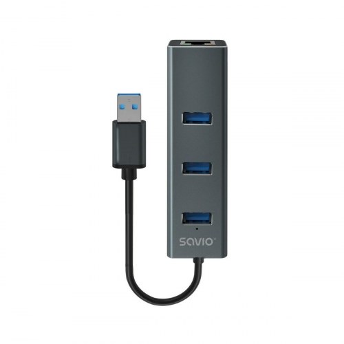 Savio 4-port USB 3.1 hub med Gigabit Ethernet (RJ‑45) - grå