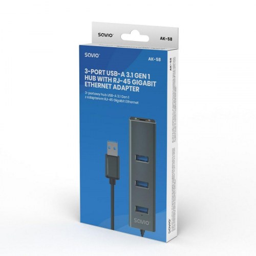 Savio 4-port USB 3.1 hub med Gigabit Ethernet (RJ‑45) - grå