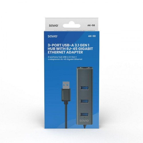 Savio 4-port USB 3.1 hub med Gigabit Ethernet (RJ‑45) - grå