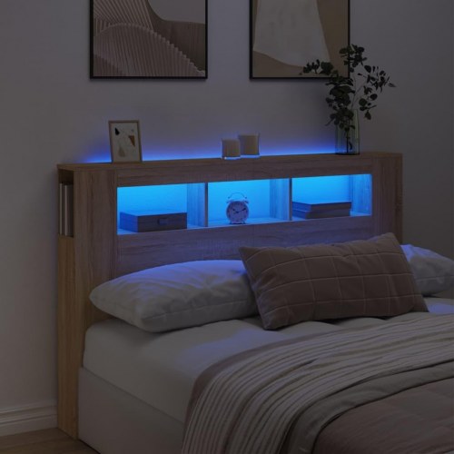 Sengegavl 160×18,5×103,5 cm med RGB LED-lys - konstrueret træ, sonoma-eg