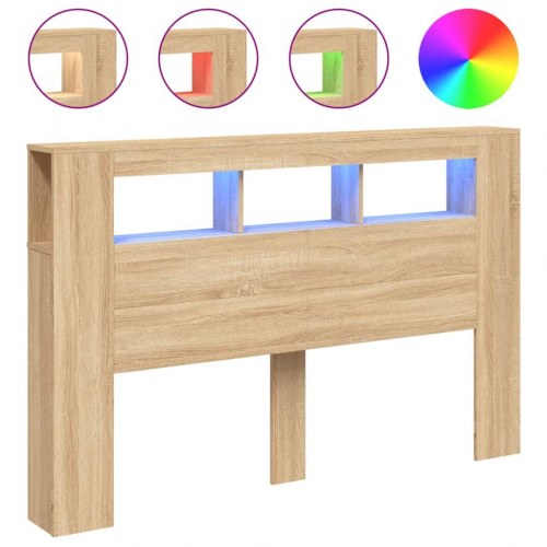 Sengegavl 160×18,5×103,5 cm med RGB LED-lys - konstrueret træ, sonoma-eg