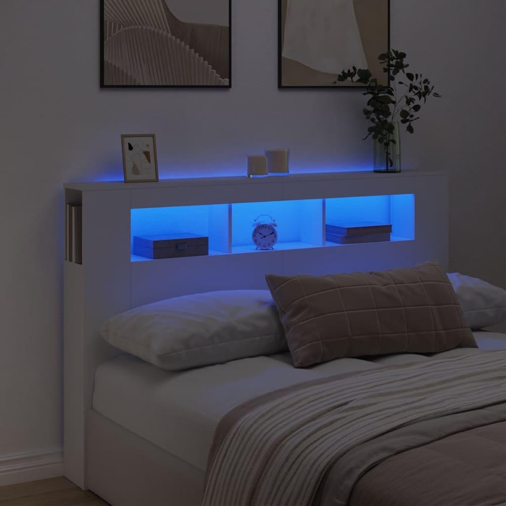 Sengegavl med LED-lys 160x18,5x103,5 cm konstrueret træ hvid