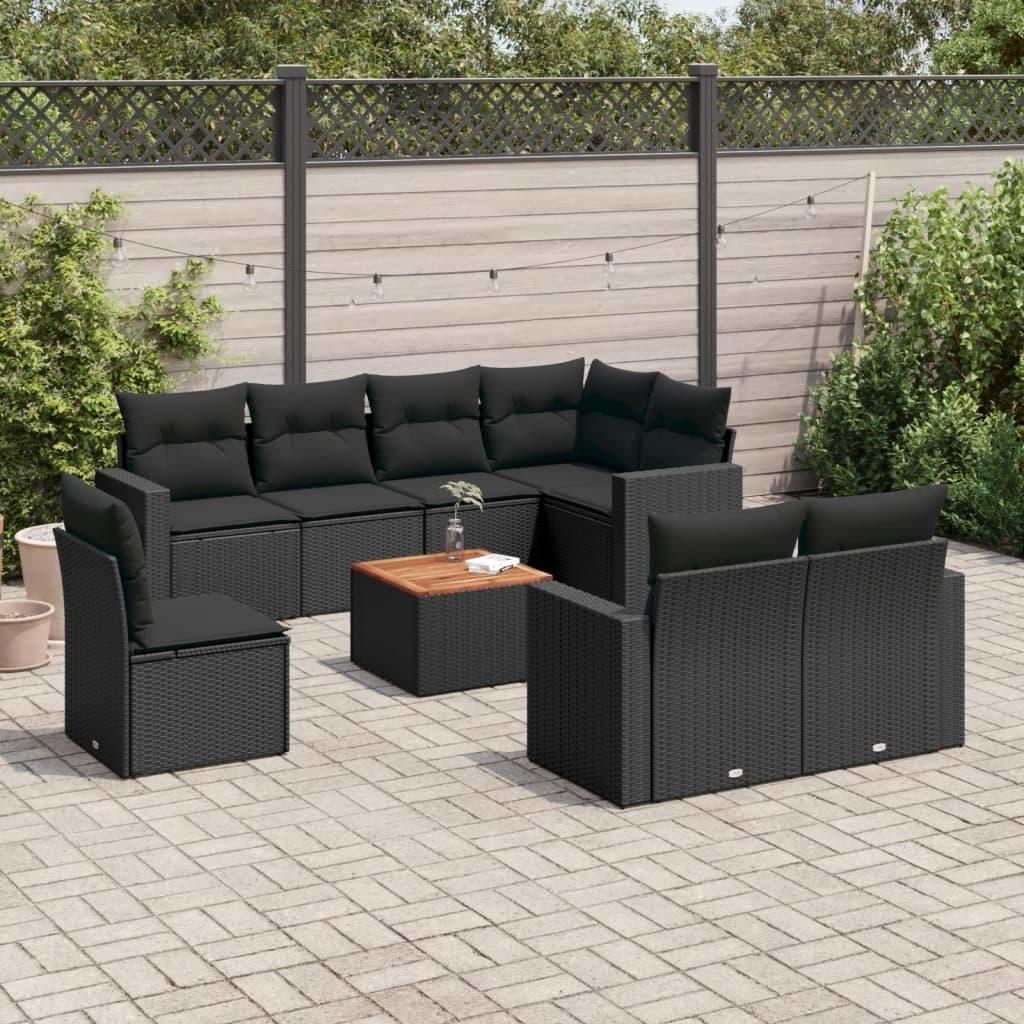 Spisebordssæt Til Haven 9 Dele Med Hynder Polyrattan - Sort / 3x midterdel hjørnedel bord