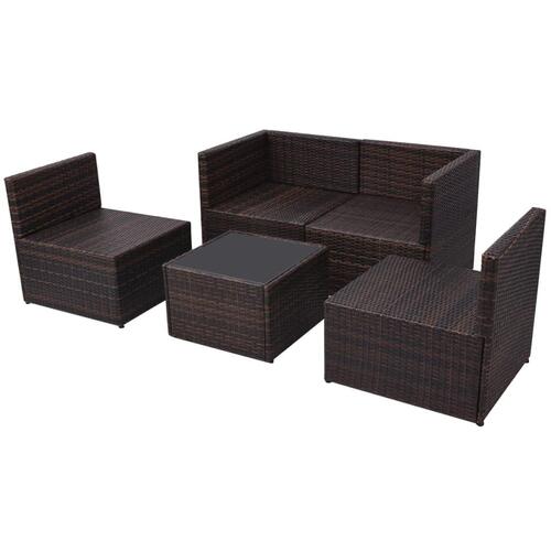 Haveloungesæt 5 dele med hynder polyrattan brun