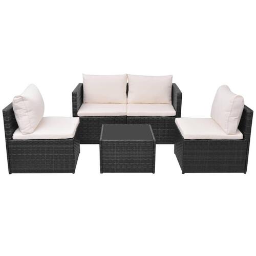 Haveloungesæt 5 dele med hynder polyrattan sort