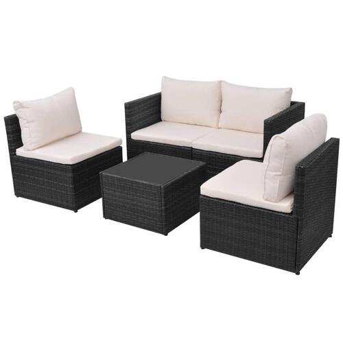 Haveloungesæt 5 dele med hynder polyrattan sort