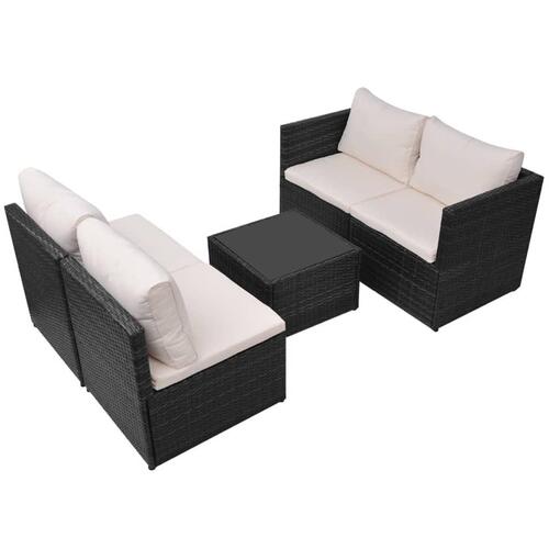 Haveloungesæt 5 dele med hynder polyrattan sort