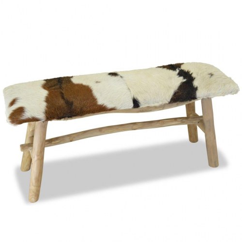 Bænk i gedelæder med teaktræsstel - 100 × 30 × 45 cm