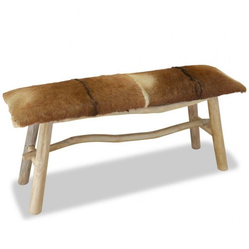 Bænk i gedelæder med teaktræsstel - 100 × 30 × 45 cm