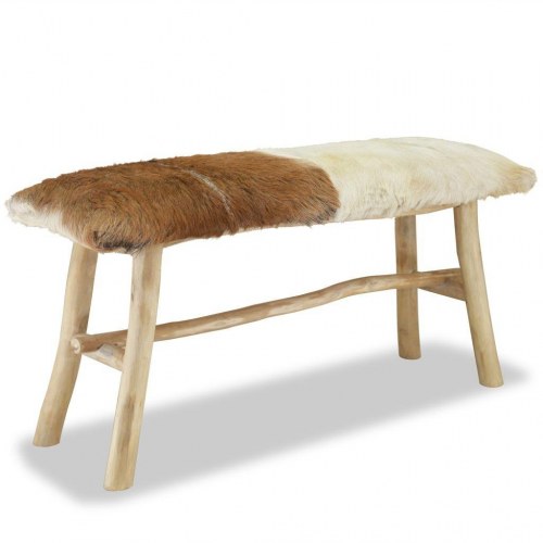 Bænk i gedelæder med teaktræsstel - 100 × 30 × 45 cm