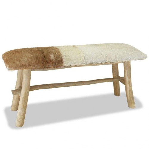 Bænk i gedelæder med teaktræsstel - 100 × 30 × 45 cm