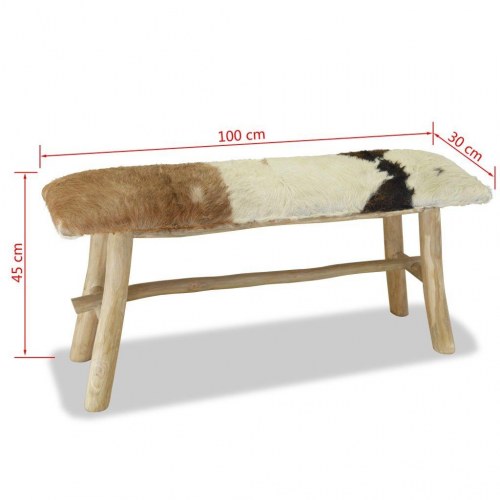 Bænk i gedelæder med teaktræsstel - 100 × 30 × 45 cm