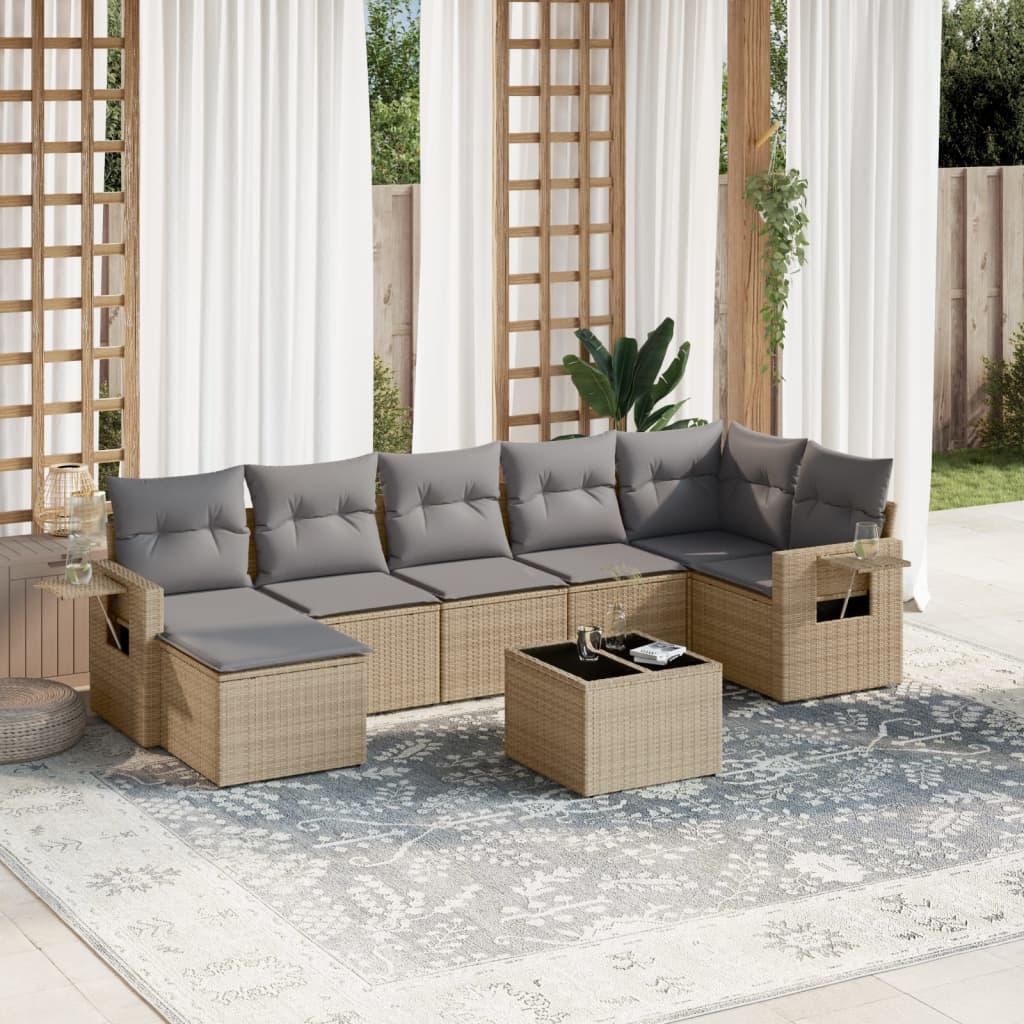 Sofasæt til haven i polyrattan - 8 dele med hynder, beige billede