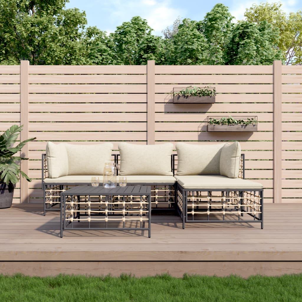 Loungesæt Til Haven 4 Dele Med Hynder Polyrattan Antracitgrå - Beige / 2x hjørnedel midterdel fodskammel bord