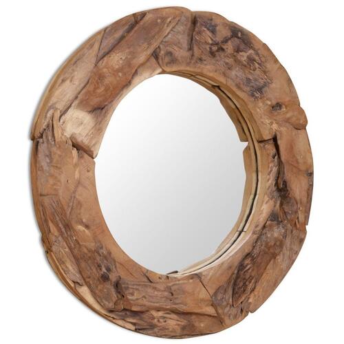 Dekorativt spejl i teak 80 cm rundt