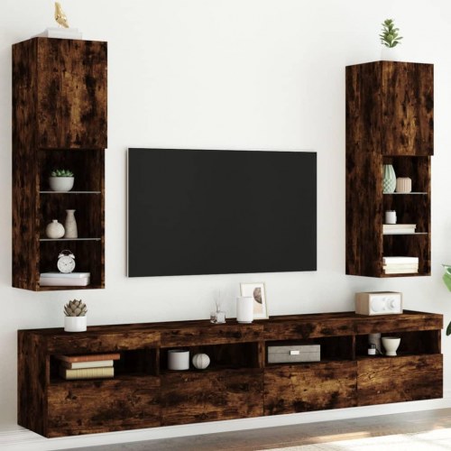 Væghængte tv-borde med LED-lys, 2 stk. - 30,5 × 30 × 102 cm, røget egetræsfarve