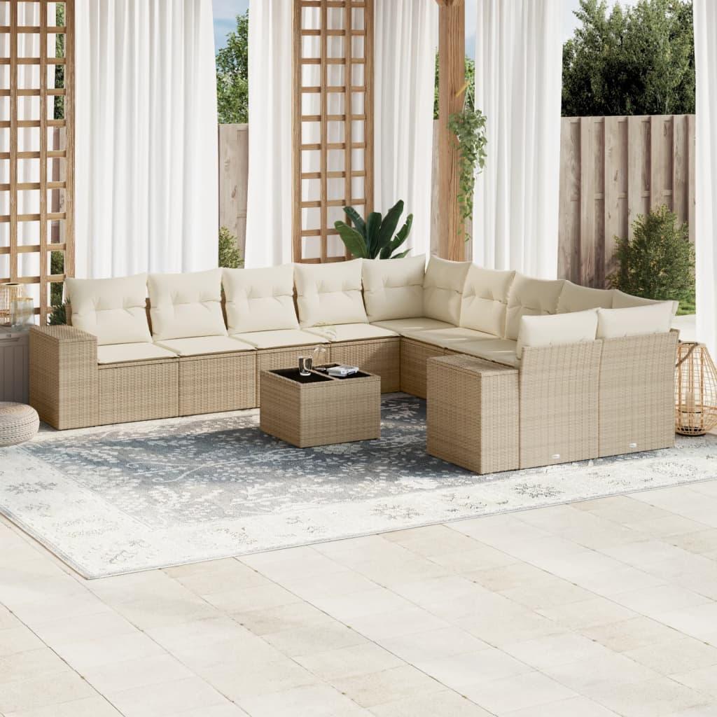Sofasæt til haven i polyrattan, 11 dele med hynder - beige