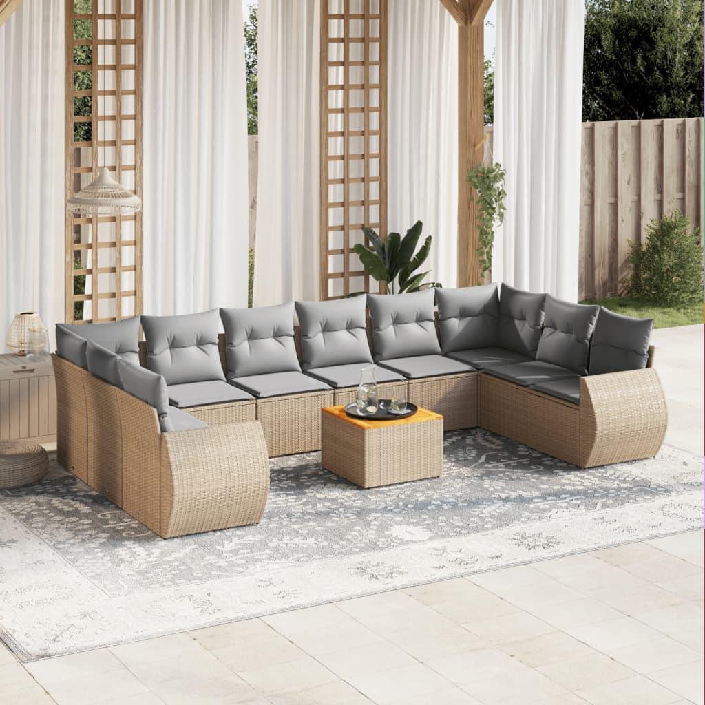Sofasæt Til Haven 11 Dele Med Hynder Polyrattan Beige - beige og lysegrå / 2x hjørnedel 6x midterdel bord