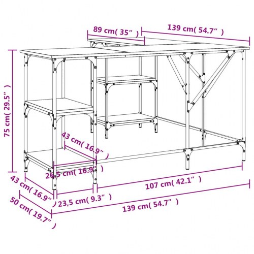 L-formet hjørneskrivebord 139×139×75 cm - konstrueret træ i sonoma-eg