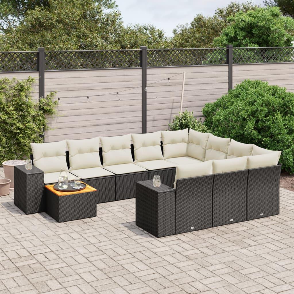 Sofasæt Til Haven 11 Dele Med Hynder Polyrattan - Sort og cremefarvet / bord 2x hjørnedel 6x midterdel