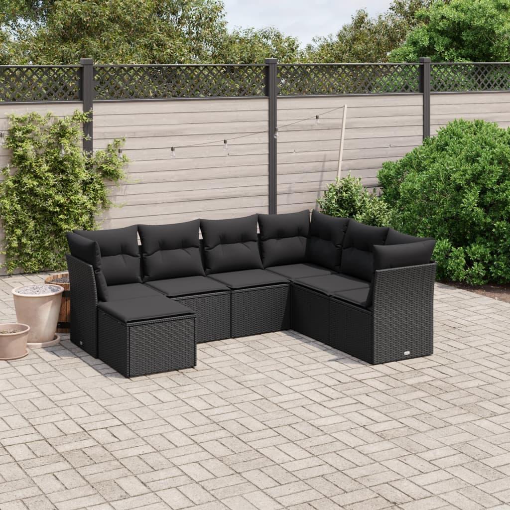Sofasæt til haven i polyrattan - 7 dele med hynder, sort