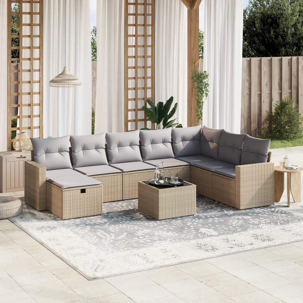 vidaXL spisebordssæt til haven 9 dele med hynder polyrattan beige