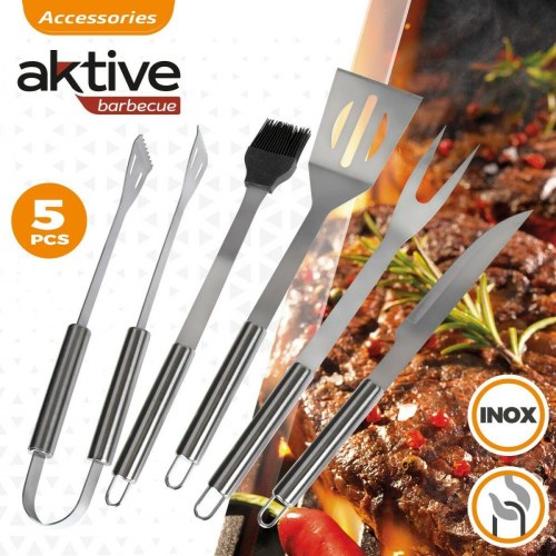 Aktive grillredskaber i rustfrit stål med silikone - sæt med 5 dele i taske